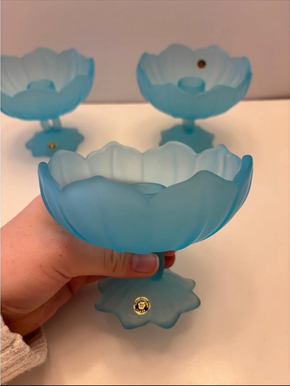 3 vintage Westmoreland glass blue frosted lotus pedestal candle holders